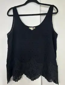 Everleigh Black Swiss Dot Eyelet Lace Hem‎ Tank Top Medium Scalloped Hem