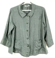 FLAX Linen Top Jacket Green Patch Pockets Size Medium Button Front 3/4 Sleeves