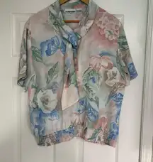 Alfred Dunner Blue‎ And Pink Floral Tie Neck Blouse Size 14