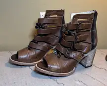 Freebird Braeden Boot Womens 7 Brown Black Leather Strappy Peep Toe Stacked Heel