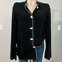 Vintage 90’s Slinky Brand Black Jersey Button Top Y2K White Trim Flare Sleeve M