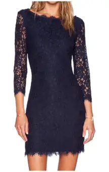Diane von Furstenberg Zarita Mini Dress Lace Overlay 3/4 Sleeves Scalloped Hem