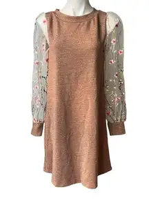 Renee C. Brown Metallic Dress with Sheer Mesh Embroidered Long Sleeves; Sz M