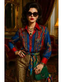 Diane Gilman Vintage Silk Western Equestrian Red Blue Scarf Print Blouse 3X