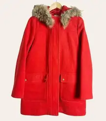 J.Crew Red Wool Full Zip Faux Fur Trim Hooded Chateau Parka Coat Size 6