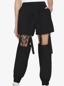 Hot Topic small black joggers with detachable thigh garters half o-ring hardware