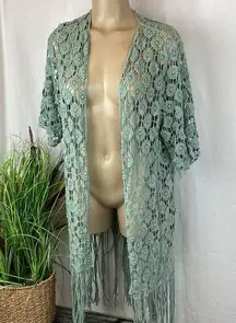 Rebellion Sage Green Crochet Lace Open Front Sheer Top XS NEW