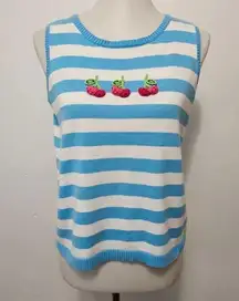 Quacker Factory  Retro Blue & White Stripe Cherry Sleeveless Sweater Size Medium