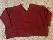 Burgundy V Neck Long Sleeve Lace Up Front Ribbed Knit Sweater Top Women's Large