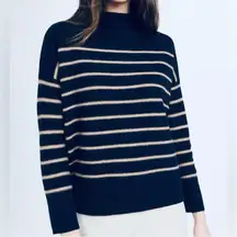 Magaschoni  mock neck 100% cashmere stripe sweater in navy NEW