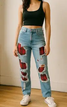 Y2k Urban Outfitters MIU Thrased Buffalo Plaid Patchwork Straight Leg Jeans 29"