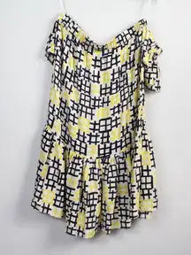 Milly Black White Yellow 100% Silk Off Shoulder Drop Waist Dress Medium USA Y2K