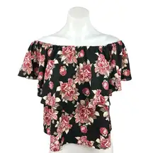 Abbeline Black Multicolor Floral Print Off The Shoulder Pullover Blouse Top Sz M