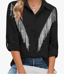 Black Fringe Button-Up Shirt