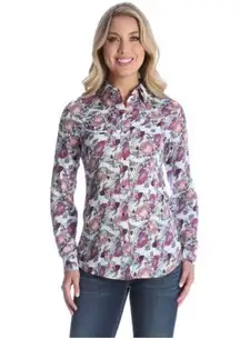 Wrangler  Floral Rayon Western pink Pearl snap Shirt size large