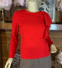 SHEIN RED KNIT PEPLUM WITH RUFFLE SHOULDER TOP (S)