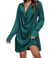 NEW Satin Collar V Neck Drape Flowy Long Sleeve Mini Dress L