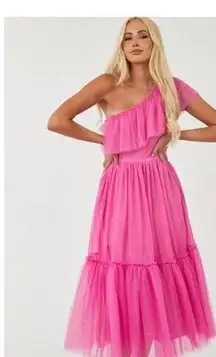 Flying Tomato Rich Pink One Shoulder Tiered Tulle Maxy Dress EUC