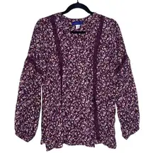 Simply Styled Long Sleeve Floral V-Neck Crochet Lace Peasant Blouse Medium Top