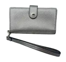 Coach  New York silver metallic cross grain leather wristlet wallet snap closure