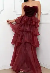 METALLIC MESH LAYERED RUFFLE MAXI DRESS