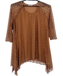 Indigo Soul Lace Hanky Hem Top XL Caramel Festival Boho Earthy Romantic Tunic