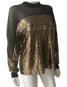 Nine West Black Gold Sequins Knit Sheer Mesh Long Sleeve Blouse Women’s Size S