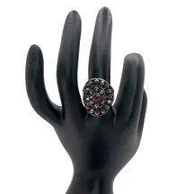 Silver, Red, and Black Rhinestone Statement Ring - Size 8