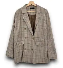 PrettyLittleThing Brown Plaid Blazer Oversized Academia Double Breasted Size 12