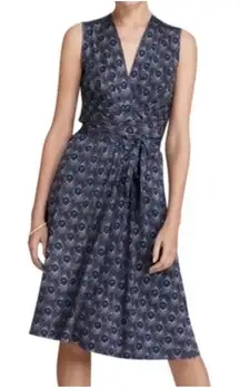 Tory‎ Burch Silk Wrap Dress Peacock Feather Print Sleeveless Navy Blue S