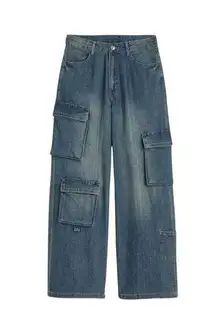 New H&M Divided Wide Leg High Cargo Jeans Women's 2 US 34 EU Blue Denim Pants