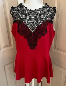 City Chic red knit black lace sleeveless peplum style pullover  blouse Size 16W.