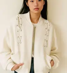 Express Ivory Bomber Jacket with Lace-Up Detail