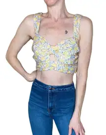 Yellow Retro Floral Girly Cut-Out Cropped Tank Top