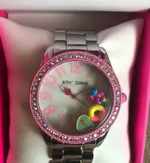 Watch with Pink Frame, Charms & Rhinestones On Chrome Band - NIB