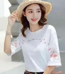 Japanese style cherry blossom embroidered white tee