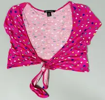 Bozzolo Neon Hot Pink Polka Dot Dots Tie-Front Short Sleeve Cardigan Crop Top Shirt Blouse Size L 💖