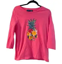 Caribbean Joe Pink Pineapple 3/4 sleeve top 100% cotton Size Medium EUC