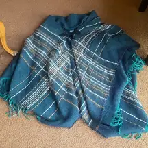 Plaid fuzzy green-blue, white, brown tasseled wrap one size