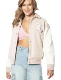 Juicy Couture Women’s Large Beige White Varsity Jacket Pink Logo Preppy Y2K