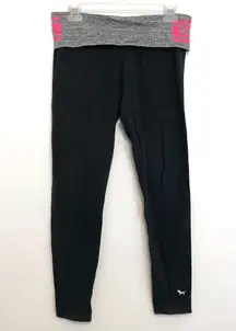 PINK YOGA VS PINK VICTORIA'S SECRET Foldover Yoga Leggings Black Gray Spellout M