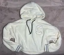 Champion Cream Faux Fur Varsity C Cropped Soft Pullover Hoodie Size Large