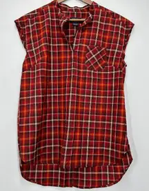 Pendleton Orange Brown Plaid Capsleeve Tunic Button Back Western Blouse‎ Size M