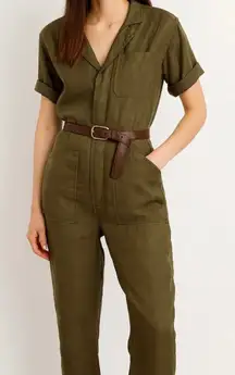 Alex Mill Utility Jumpsuit Olive Green Linen Short Sleeve Belted Cargo Pockets S