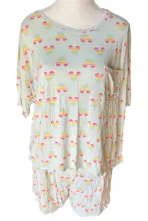 Disney Mickey Mouse Rainbow Pajama Set Womens L/G Top & Shorts Sleepwear