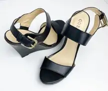 GUESS Jasminn Leather Upper Black Open Toe Wedge Sandals, Size 8.5