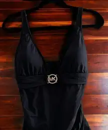 Michael Kors Black‎ Swimsuit Top Gold Logo Hardware Size Medium