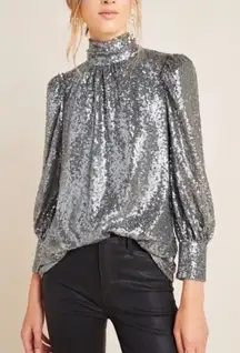 Sunday in Brooklyn Silver Sequin Holiday NYE Mock Neck Puffed Sleeve Blouse Xs