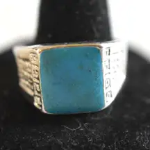 Striking Blue/Green Flat Square Stone Etched Silver Tone Band Size 12 NWOT Ring