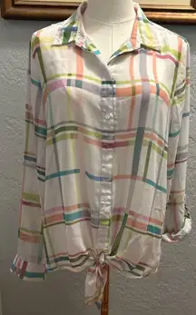Liz Claiborne Women's M Blouse Sheer Plaid Pastel Tie Waist Beach Resort spring